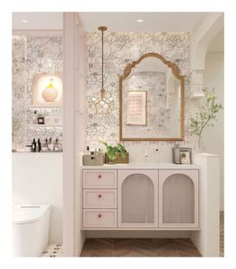 Meuble-lavabo simple de style shabby chic français, élégant et romantique, avec miroir à bord doré, série rose - Product Image 1