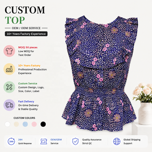 Damen Marineblaue Gewebte Polka-Dot-Blumen-Bluse Ärmellos mit Rüschensaum Knopfleiste Vorne Geraffte Bluse Retro-Chic Sommer-Urlaubsstil - Product Image 1