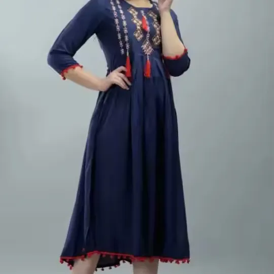 Hint kadın elbisesi tunik etnik geleneksel elbise Jaipur baskılı Rayon el nakışı baskılı kadın elbise