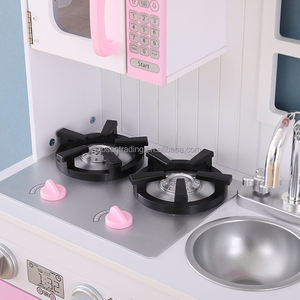 Cuisine en bois pour jeu de rôle avec rideau, robinet, évier, brûleur et four pour enfants - Rose - Product Image 4