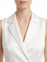 Robe blazer blanche élégante sans manches, col en V à revers cranté, taille ceinturée, coupe trapèze, robe de cérémonie avec poches