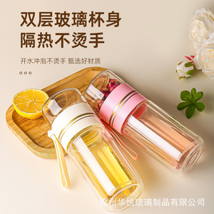 Double Wall Glass Tea Cup With <b>Filter</b> And Strap For Office Travel Reusable Insulated High Borosilicate Glass <b>Water</b> <b>Bottle</b> - Product Image 1