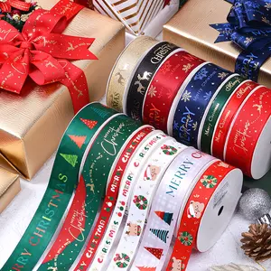 Ribest poliestere stampato nastro di natale Logo raso/lamina di Grosgrain oro personalizza per l'involucro del regalo all'ingrosso