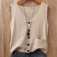 Chaleco de Punto Casual Transpirable con Cuello en V para Mujer, Verano-Otoño 2026, Sin Mangas, con Bolsillo y Botón, Uso Diario, 100% Acrílico