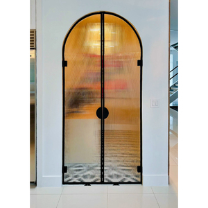 Portes françaises cintrées intérieures avec verre cannelé pour maisons, cadre noir, porte en verre à battants, manuelle pour appartement - Product Image 3