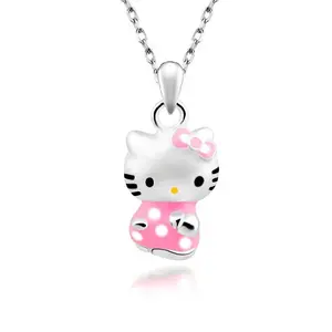 925 prata esterlina esmalte rosa gato doraemon, pingente dos desenhos animados hello kitty colar de jóias para crianças