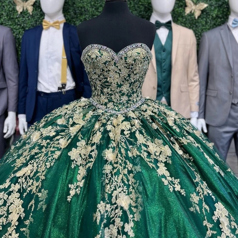 Mily Bridal MQ158 Emerald Green Quinceanera Dresses Sweetheart Off Shoulder  Gold Appliques Lace Corset Prom Party Vestidos De 15| Alibaba.com