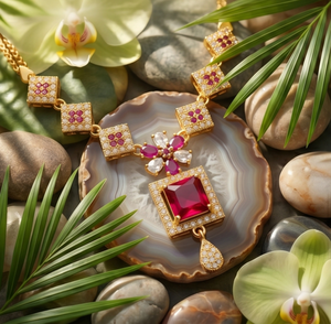 DIVYORO Vintage Inspired <b>Square</b> Ruby Drop Necklace Gold Plated Jewelry for Women Luxury Fashion and Festive Wear Collection - Product Image 2