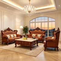 Europäischer Stil Ledersofa-Set 3-Sitzer 2-Sitzer 1-Sitzer Geschnitzter Holzrahmen Luxus Wohnzimmer Hotel Möbel