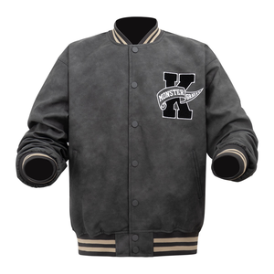 Chaquetas Varsity Unisex de Poliéster/Algodón, Holgadas, Color Gris, con Letra K Bordada en Chenilla, Logotipo Frontal, Cuello en V, Ropa Exterior Deportiva Universitaria de Béisbol - Product Image 4