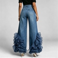 Nouveau Jean Large en Denim Coton à Volants en Organza et Fleurs 3D, Taille Haute, Style Streetwear, Bleu Sculptural, Collection Été 2026 – Vente en Gros