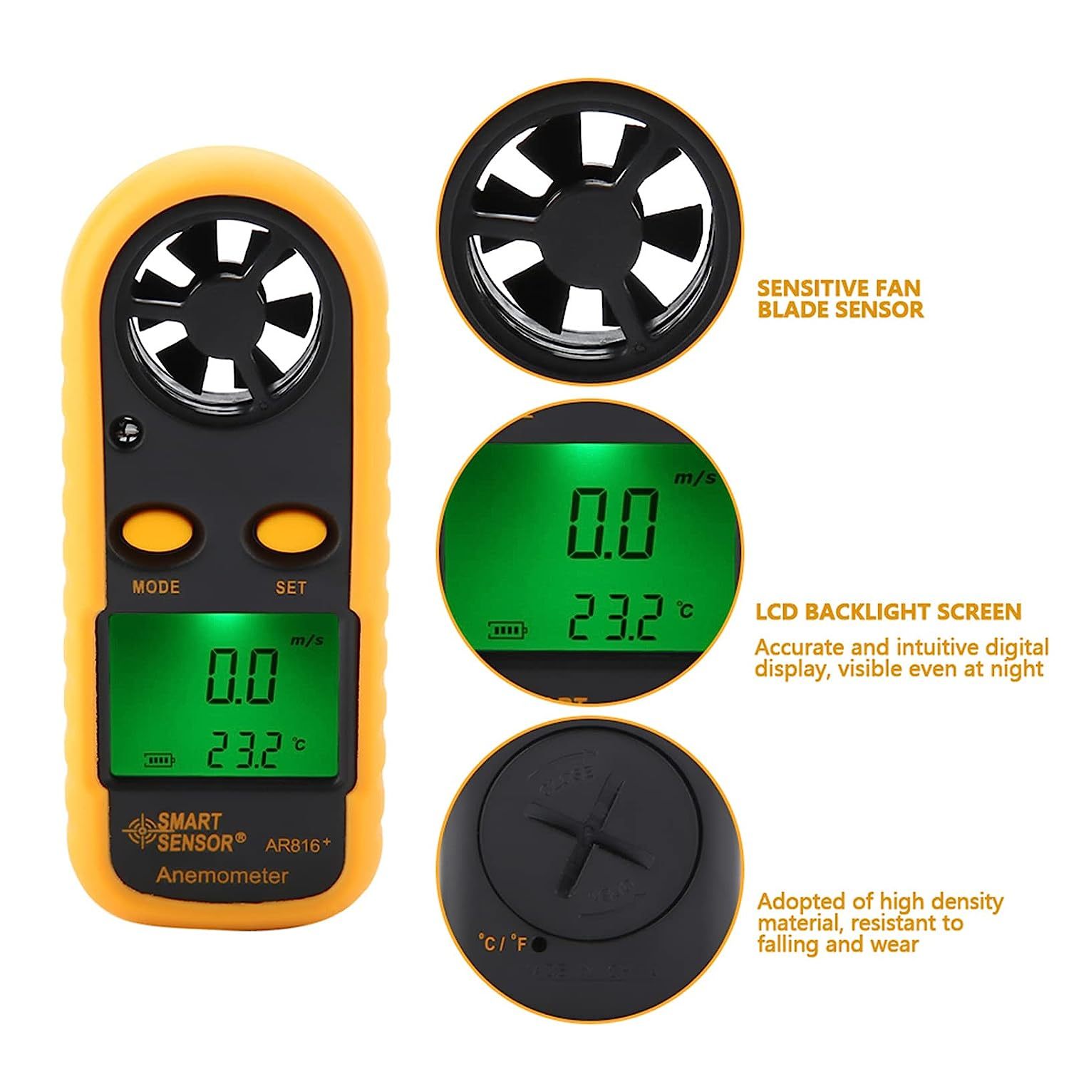 Anémomètre Numérique LCD – Mesure Vent 0-30 M/s, Température -10 à 45°C, Avec écran Rétroéclairé Et Batterie Incluse