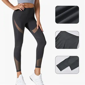 Leggings de corrida atléticas para mulheres com logotipo personalizado calças de ioga de cintura alta com retalhos de malha