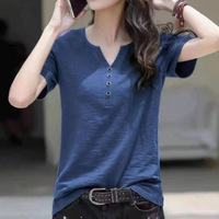 Kaos Katun Wanita Ukuran Besar 6XL V-Neck Lengan Pendek Atasan Bernapas Kasual Polos dengan Hiasan Kancing untuk Musim Panas