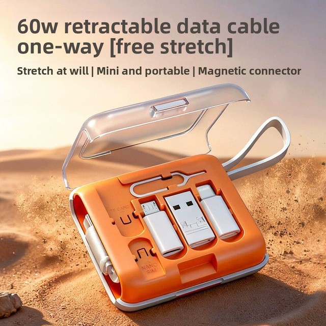 60W PD Fast Charging Retractable USB-C/USB-A Cable Kit with PVC Jacket and Pure Copper Conductor for Power Bank & Mobile Phone