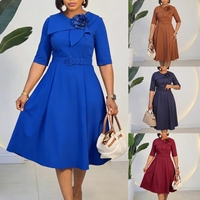 Robe d'automne J3377 tendance pour femme, décontractée et élégante, à manches mi-longues, col rond, coupe trapèze, idéale pour le bureau ou l'église, style africain, avec ceinture