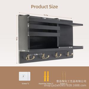 Porta Llaves de Pared de Madera Maciza, Organizador de Cartas, Rectangular Negro Quemado, Estante de Almacenamiento Multiusos para el Hogar - Product Image 5