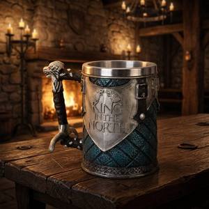 Chope en Résine Grande Capacité Tankard Médiéval en Acier Inoxydable avec Logo Roi du Nord Stark Cadeau Fête - Product Image 1