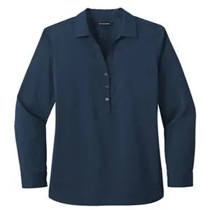 Ladies river blue navy 93/7 poly/spandex Odor-fighting Wrinkle-resistant Open collar and neckline Pearlized button Stretch Tunic