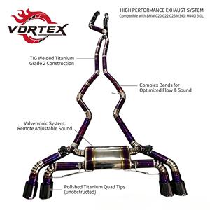 Sistema de Escape Valvetronic Vortex de Titanio Morado Soldado a Mano para G20/G22/G26 M340i/M440i 3.0L, Diámetro de Tubería de 76 mm, Boquillas Negras - Product Image 1