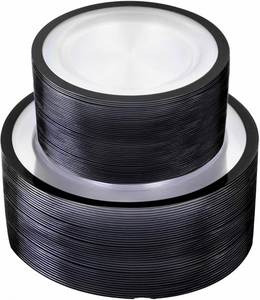 100 pièces en gros, assiettes jetables en plastique robustes, noires et blanches, à bords ondulés, pour les événements de mariage et de réception - Product Image 1