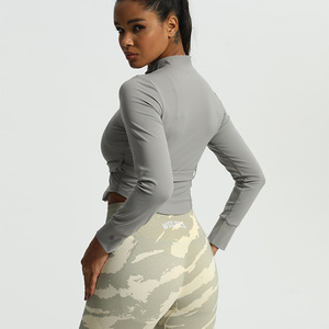 Sólido Ginásio Mulheres Mangas Compridas Top Slim Fit Leve Completa Zip Up Yoga Workout <span class=keywords><strong>Jacket</strong></span> Atlético Corrida Sports Track <span class=keywords><strong>Jacket</strong></span> - Product Image 2