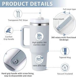 Mug isotherme à double paroi en acier inoxydable de 40 oz, gobelet de voyage avec poignée, couvercle et paille, vente en gros en stock - Product Image 3
