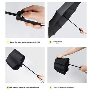Parapluie renforcé à dix baleines, anti-collision automatique, poignée en plastique, revêtement noir, conception pliable en trois, protection UV, couleur unie - Product Image 4