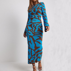 High Quality Autumn Knit Women Elegant <strong>Dress</strong> Flared Long Sleeves Bodycon Fit Women Print <strong>Maxi</strong> <strong>Dress</strong> - Product Image 4