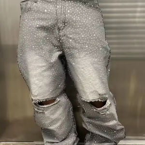 Celana <span class=keywords><strong>Jeans</strong></span> Pria Model Baggy Distressed Vintage Sun Faded Rhinestone Bling OEM ODM Pinggang Tinggi Streetwear - Product Image 2