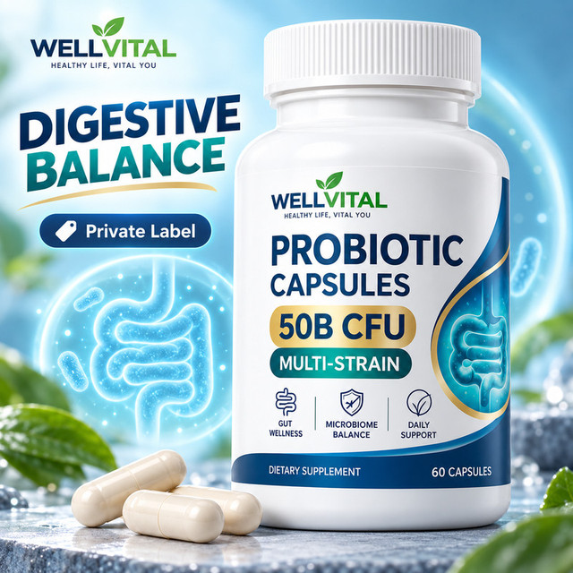 Private Label Manufacturer Probiotic Capsules 50B CFU Multi-Strain for Digestive Balance
