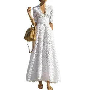 CHICEVER Elegant White Maxi Dress V Neck Half Sleeve High Waist Hollow Out Slim For Women Summer Vintage Casual Dresses Woven