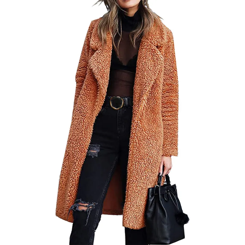 Warm Luxury Turn Down Collar Fleece Long Plus Size Ladies Faux Fur Winter Coat Women