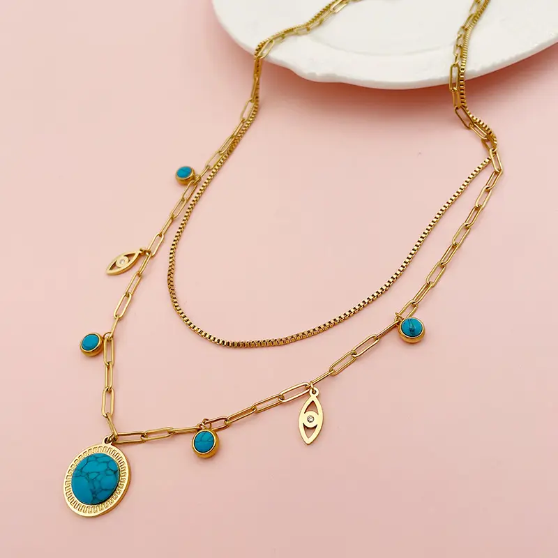 Pháp cổ điển tự nhiên Turquoise Eye pendant với 14k vàng thép không gỉ ánh sáng sang trọng chất lượng cao hai lớp Vòng cổ