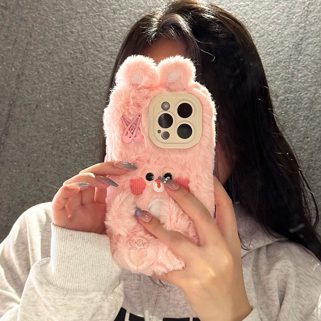 Cute Plush Phone Case With Hair-Clip Bunny Doll Design PC Protective Cover for iPhone 18 Pro Max 17 16 15 14 13