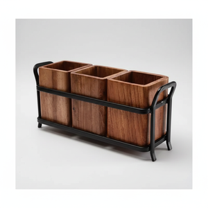 Porte-couverts en bois pour table à manger avec 2 bocaux en bois et un support en fer forgé (noir et marron) Design tendance - Product Image 1