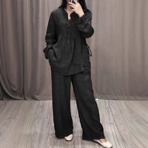 Fall Women's Comfortable Cotton-Linen Blend Long-Sleeve Top & Casual Drawstring Wide-Leg <b>Pants</b> 2-Piece Set Fashion - Product Image 2