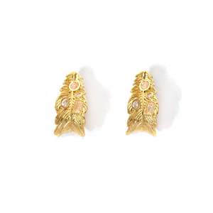 Fashion <b>Stud</b> <b>Earrings</b> Gold Plated 316L Stainless Steel Feather Design With Gemstones For Women - Product Image 1