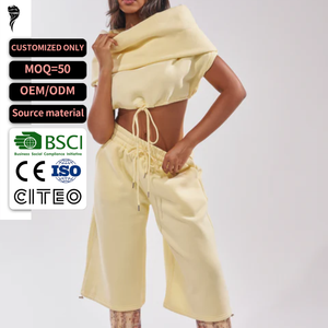 OEM Women's 2 Piece <b>Knitted</b> <b>Set</b> Sleeveless Crop Top With Drawstring Mid Calf Pants Casual Solid Color Spring Summer Wear - Product Image 1