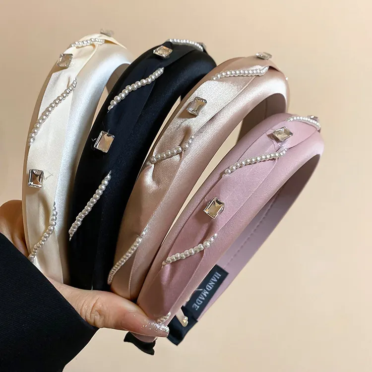 South Korea color fabric headband 2024 New rhinestone pearl beaded winding hair band hair accessories for women