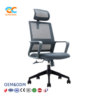 Chaise de bureau ergonomique avec appui-tête en maille, dossier haut gris, soutien lombaire, siège rembourré en tissu, chaise de direction pivotante