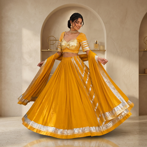 Ensemble Lehenga Choli jaune vif de créateur avec dupatta à bordure Gotta Patti argentée pour la cérémonie Haldi et les occasions festives - Product Image 4