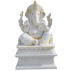 Indian Religion Large Ganesha White Marble Statue Decor Colored Drawing For Sale