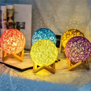 Rattan Ball Moon Light 5.9 inch LED Globe Rattan Ball Lamp with Solid Wood Base and Remote for kids