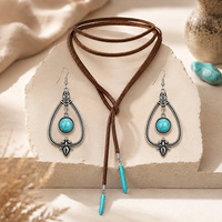 1 ensemble de collier bohème en fausse turquoise et boucles d'oreilles vintage en forme de larme avec cordon en velours coréen pour femmes
