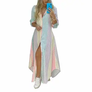 Women Lapel Robe Autumn Sundress New Hot Casual Long Sleeve Maxi Vestidos Female Striped Shirt Dress Plus Size Robe