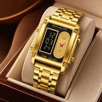 Reloj Electrónico Deportivo de Lujo, Cuadrado, Luminoso, de Cuarzo Analógico-Digital, con Doble Movimiento y Doble Pantalla, Correa de Acero Inoxidable, Resistente al Agua 3BAR