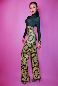 Novance-<span class=keywords><strong>mono</strong></span> Sexy de pierna ancha para mujer, pantalones elegantes de una pieza con patrón de hoja de diamante <span class=keywords><strong>dorado</strong></span>, color negro, Y1401, 2023 - Product Image 3