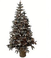 Sapin de Noël artificiel floqué, pré-éclairé avec lumières LED blanc chaud, en PE, avec base en tronc d'arbre pour décoration intérieure.