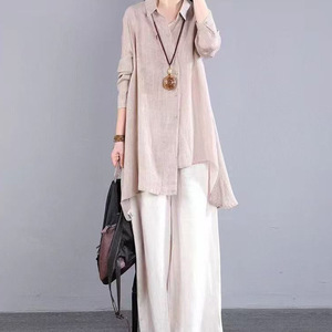 Irregular Design Polo Collar Cotton Linen Long Sleeve Shirt Women's Solid Color Asymmetric Mid Length Spring Summer Style - Product Image 4